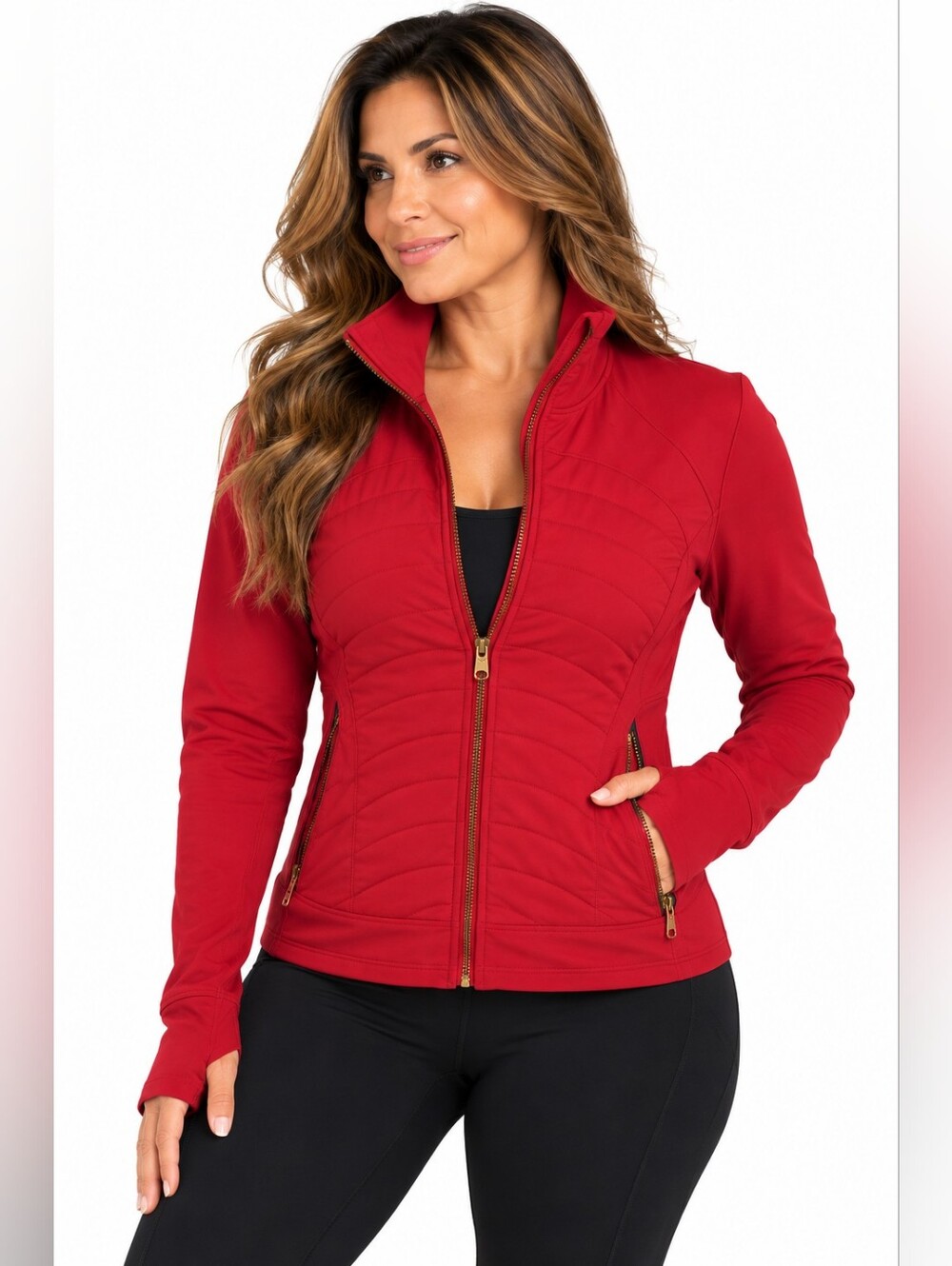 Women's Quilted Red Zip-Up Utility Jacket